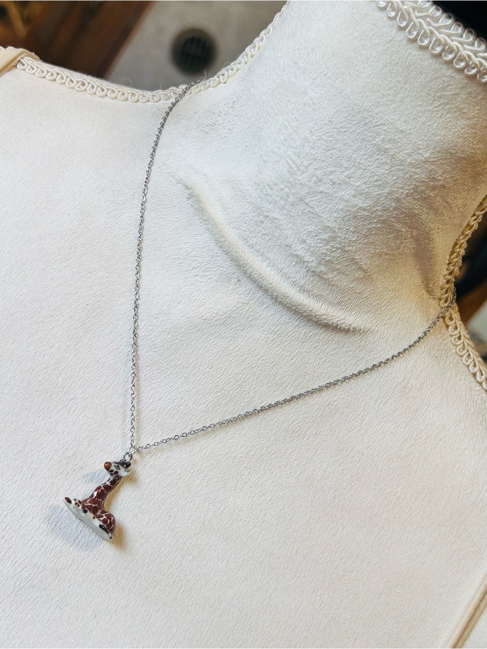 Handcrafted vintage porcelain giraffe pendant on chain necklace